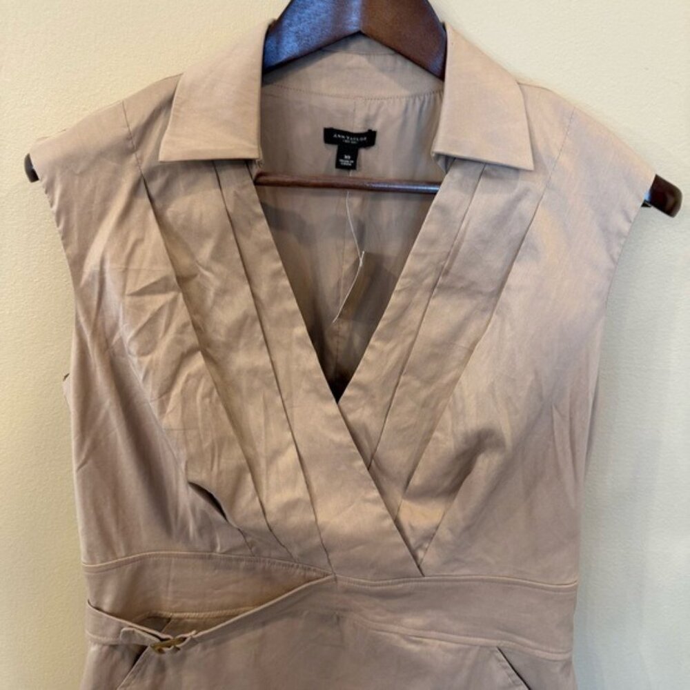 Ann Taylor Sleeveless Khaki Tan Cotton Blend Dress Size 10 Belted Pockets NWT - Picture 5 of 11